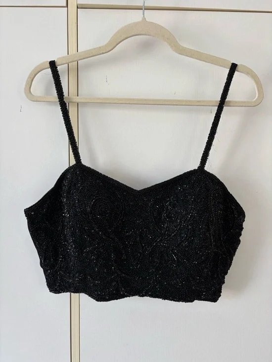 Heavy Beaded Smocked Crop Top Luxe Statement Bustier Festival Evening Event XL - Picture 3 of 16